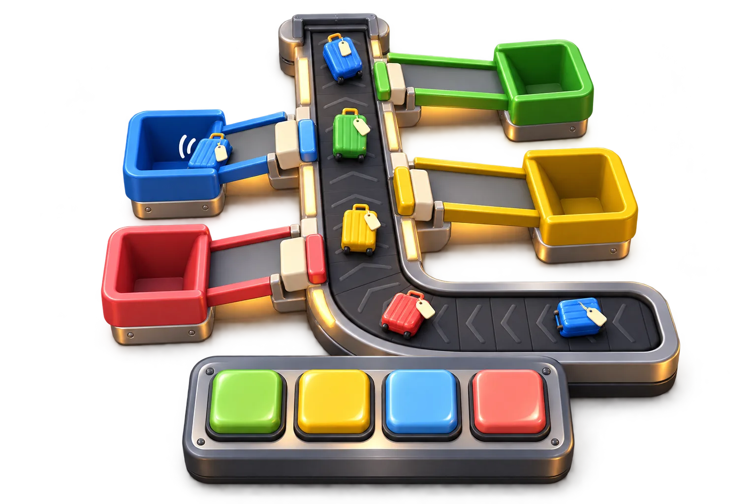 Bagabop’s conveyor, small colourful suitcases and four sorting buttons.